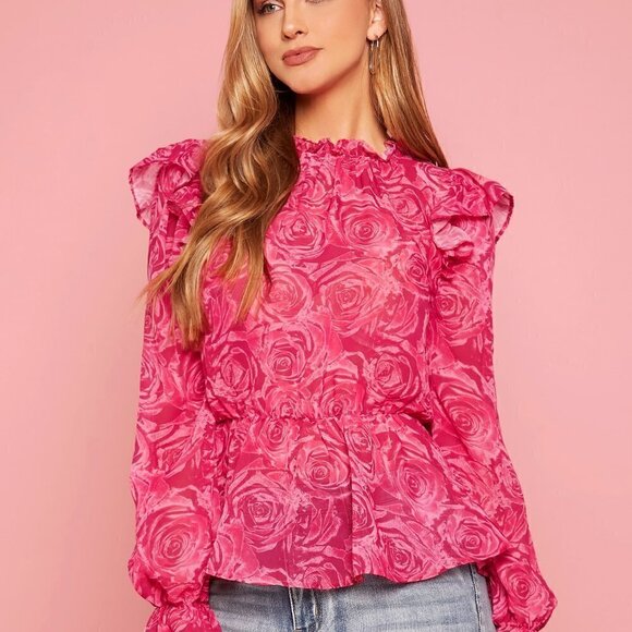 Pink Casual Womens Floral Print Ruffle Trim Flounce Sleeve Peplum Blouse - Picture 2 of 5